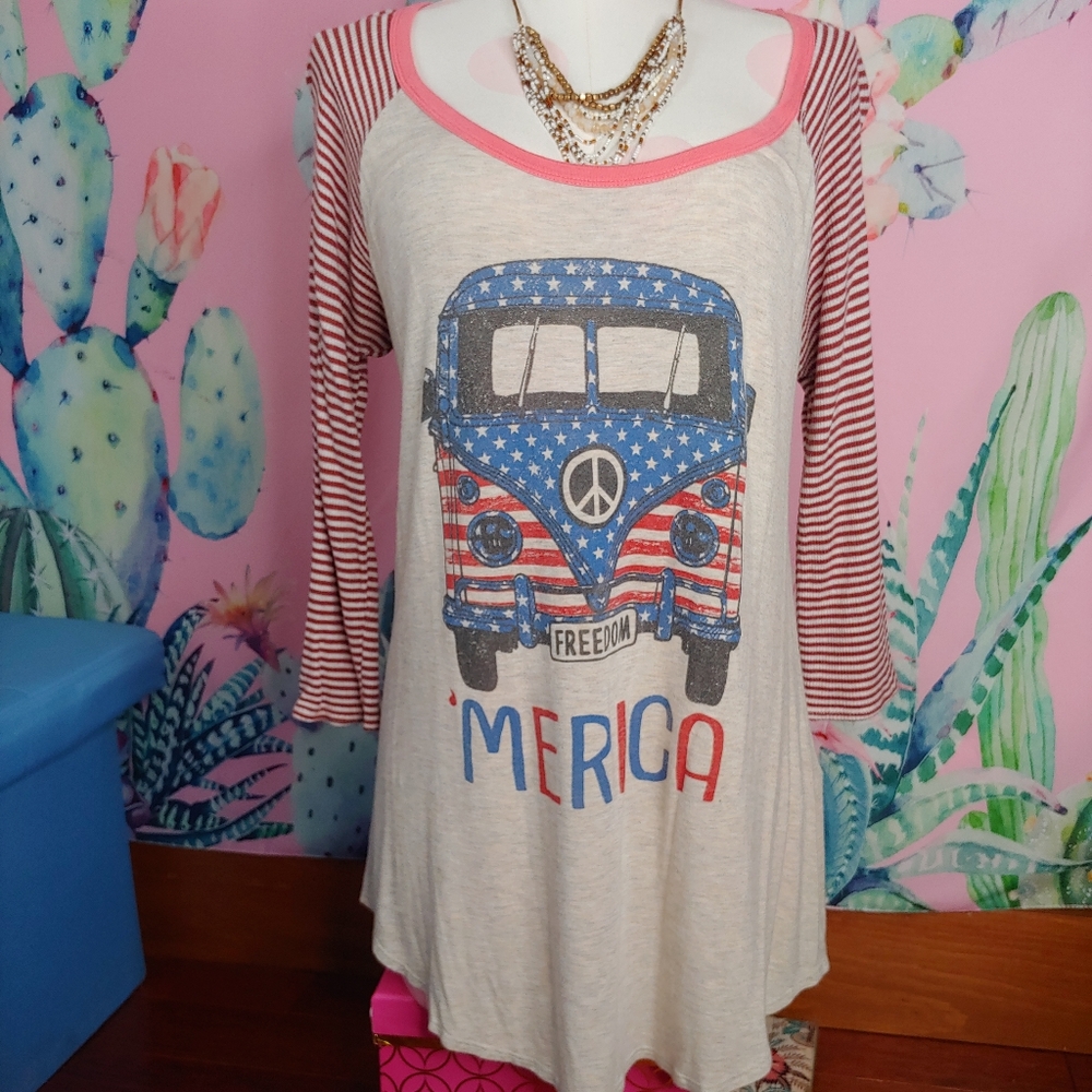 Zutter USA | 'merica van camper flag glamper 3/4 Sleeve Raglan Ribbed Shirt L/XL